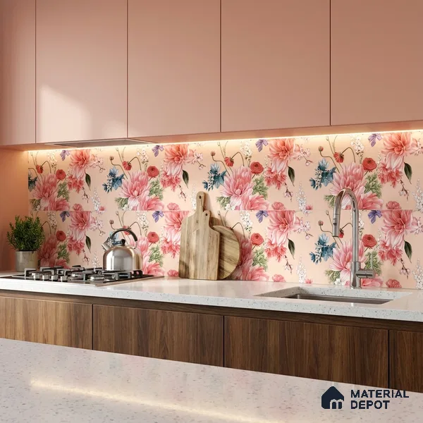 Floral Wall Tile TL 06526 Y NG Mandavi Royal Pink Flower A 2 ft x 1 ft Ceramic Matte Finish - 8 mm | Suitable for Living Room, Kitchen & Bathroom | Please Expect a Slight Variation of Pattern