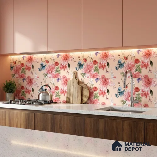 Floral Wall Tile TL 06526 Y NG Mandavi Royal Pink Flower A 2 ft x 1 ft Ceramic Matte Finish - 8 mm | Suitable for Living Room, Kitchen & Bathroom | Please Expect a Slight Variation of Pattern