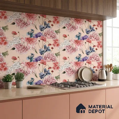 Floral Wall Tile TL 06526 Z NG Mandavi Royal Pink Flower B 2 ft x 1 ft Ceramic Matte Finish - 8 mm | Suitable for Living Room, Kitchen & Bathroom | Please Expect a Slight Variation of Pattern