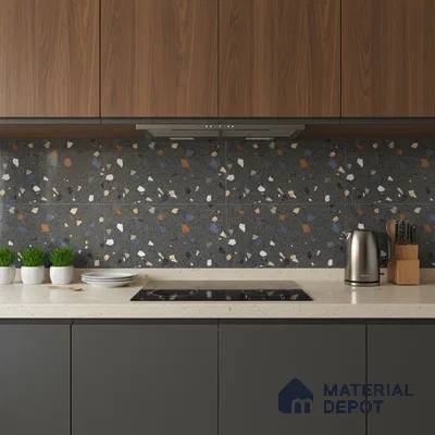 Terrazzo Wall Tile TL 06544 Mosaic Stone Black HL 2 ft x 1 ft Ceramic Matte Finish - 8 mm | Suitable for Living Room, Kitchen & Bathroom (Sample)