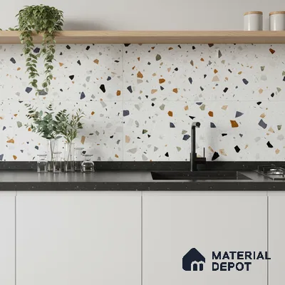 Terrazzo Wall Tile TL 06544 C Mosaic Stone White HL 2 ft x 1 ft Ceramic Matte Finish - 8 mm | Suitable for Living Room, Kitchen & Bathroom (Sample)