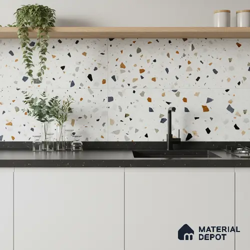 Terrazzo Wall Tile TL 06544 C Mosaic Stone White HL 2 ft x 1 ft Ceramic Matte Finish - 8 mm | Suitable for Living Room, Kitchen & Bathroom