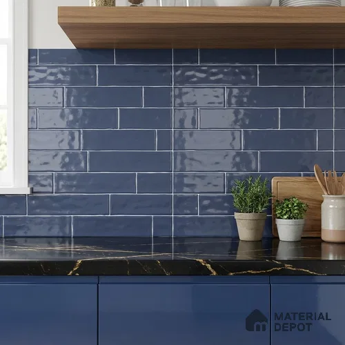 Faux Subway Wall Tile TL 06556 D Cluster Blue 2 ft x 1 ft Ceramic Glossy Finish - 8 mm | Suitable for Kitchen, Bathroom & Balcony Walls | Please Expect a Slight Variation of Pattern