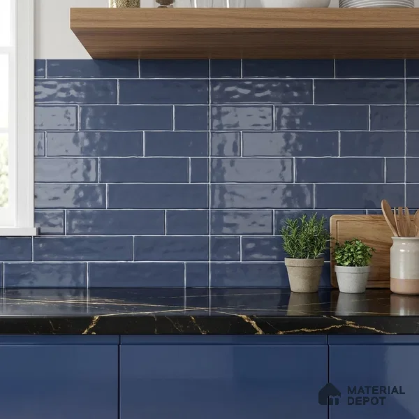 Faux Subway Wall Tile TL 06556 D Cluster Blue 2 ft x 1 ft Ceramic Glossy Finish - 8 mm | Suitable for Kitchen, Bathroom & Balcony Walls | Please Expect a Slight Variation of Pattern (Sample)