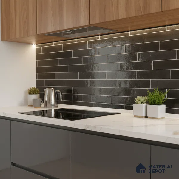 Faux Subway Wall Tile TL 06563 D R Tribeca Black 2 ft x 1 ft Ceramic Glossy Finish - 8 mm | Suitable for Kitchen, Bathroom & Balcony Walls | Please Expect a Slight Variation of Pattern (Sample)