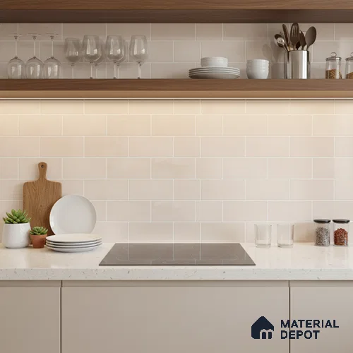 Faux Subway Wall Tile TL 06570 E Mood Off White Brick HL 2 ft x 1 ft Ceramic Glossy Finish - 8 mm | Suitable for Kitchen, Bathroom & Balcony Walls | Please Expect a Slight Variation of Pattern