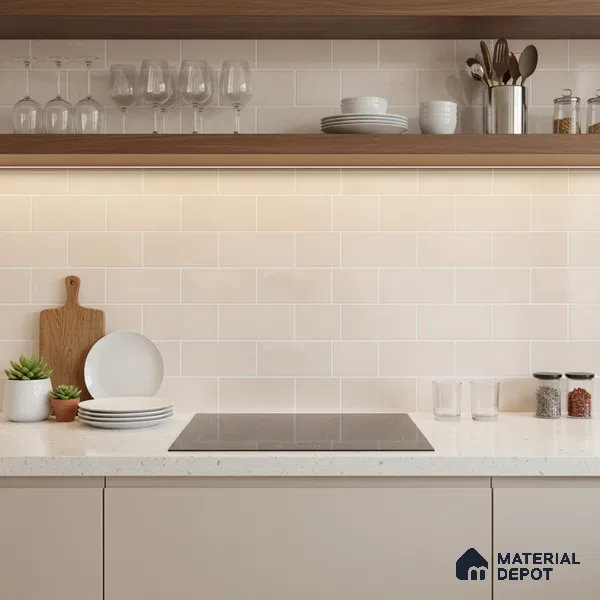 Faux Subway Wall Tile TL 06570 E Mood Off White Brick HL 2 ft x 1 ft Ceramic Glossy Finish - 8 mm | Suitable for Kitchen, Bathroom, Dining Area | Please Expect a Slight Variation of Pattern