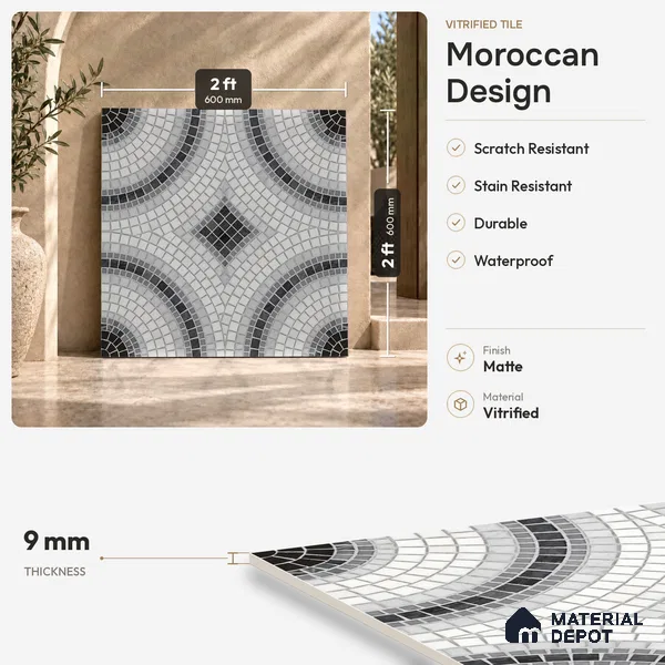 Moroccan Wall & Floor Tile TL 06602 Veleta Arte 2 ft x 2 ft Vitrified Matte Finish - 9 mm | Suitable For Kitchen, Foyer, Balcony | Please Expect a Slight Variation of Pattern