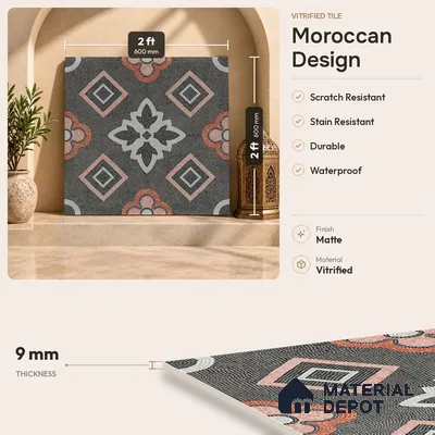 Moroccan Floor & Wall Tile TL 06603 C  2 ft x 2 ft  Vitrified Matte Finish Tile - 9 mm | Suitable For Kitchen, Balcony, Dining Area | Please Expect a Slight Variation of Pattern