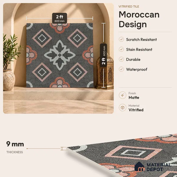Moroccan Floor & Wall Tile TL 06603 C 2 ft x 2 ft Vitrified Matte Finish Tile - 9 mm | Suitable For Kitchen, Balcony, Dining Area | Please Expect a Slight Variation of Pattern