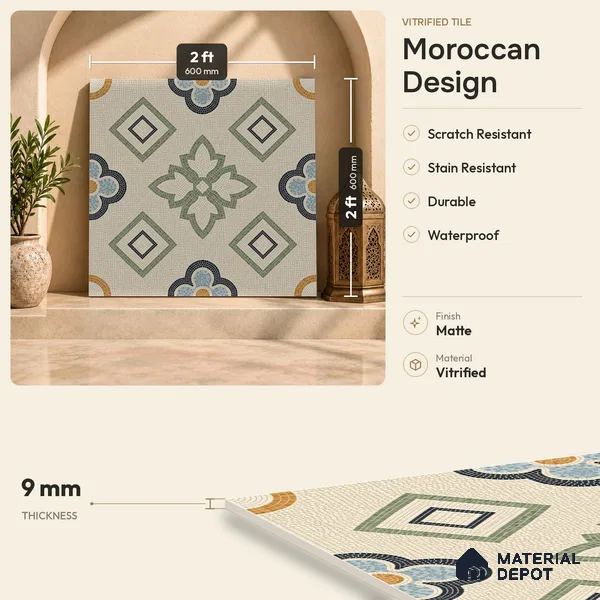 Moroccan Wall & Floor Tile TL 06603 Seta Crema 2 ft x 2 ft Vitrified Matte Finish - 9 mm | Suitable For Kitchen, Balcony, Dining Area | Please Expect a Slight Variation of Pattern