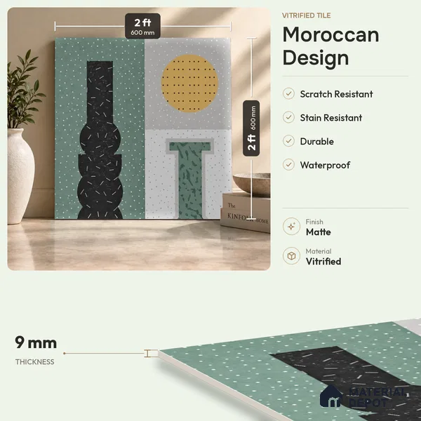 Moroccan Look Wall & Floor Tile TL 06606 Atlas Gray Decor 2 ft x 2 ft Vitrified Matte Finish - 9 mm | 4 Piece Layout | Suitable For Balcony, Bathroom, Balcony | Please Expect a Slight Variation of Pattern