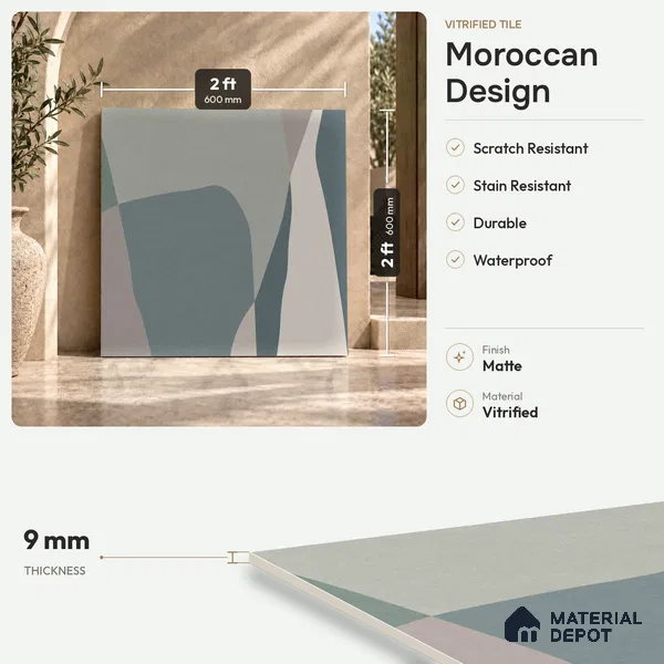 Moroccan Wall & Floor Tile TL 06608 Shapes Gray 2 ft x 2 ft Vitrified Matte Finish - 9 mm | Suitable For Balcony, Bathroom, Dining Area | Please Expect a Slight Variation of Pattern