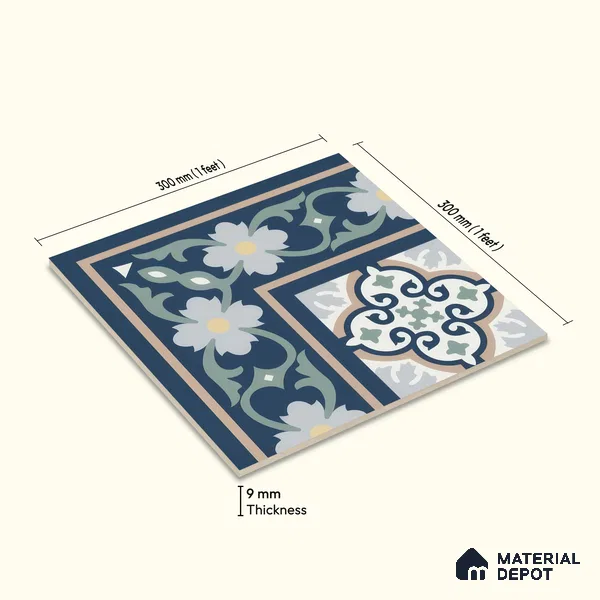 Moroccan Carpet Floor Tile TL 06616 Florentine Blue Corner | 1 ft x 1 ft Ceramic Matte Finish - 9 mm | Suitable for Living Room, Dining Area, Kitchen | Please Expect a Slight Variation of Pattern