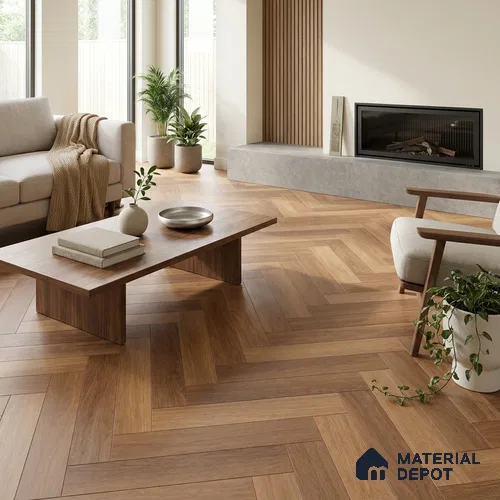 Herringbone Wood Look Floor Tile TL 06650 Rhodium Brown 4 ft x 2 ft Vitrified Matte Finish - 9 mm | (Random 1) | Suitable for Living Room, Bedroom, Bathroom, Kitchen, Office, Elevation & Dining