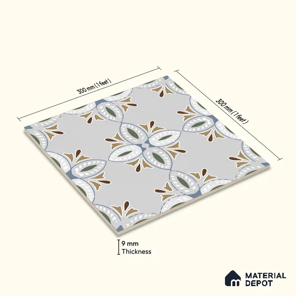 Moroccan Wall & Floor Tile TL 06663 Julia 1 ft x 1 ft Grey Ceramic Carving Matte Finish Tile - 9 mm | Suitable for Bathroom, Kitchen, Balcony | Please Expect a Slight Variation of Pattern
