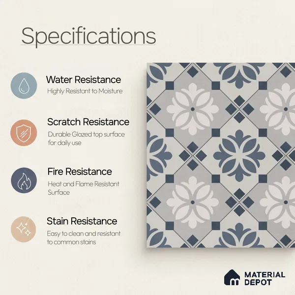 Moroccan Wall & Floor Tile TL 06665 C Aceo 1 ft x 1 ft Light Blue Ceramic Glue Matte Finish Tile - 9 mm | Suitable for Bathroom, Kitchen, Balcony | Please Expect a Slight Variation of Pattern