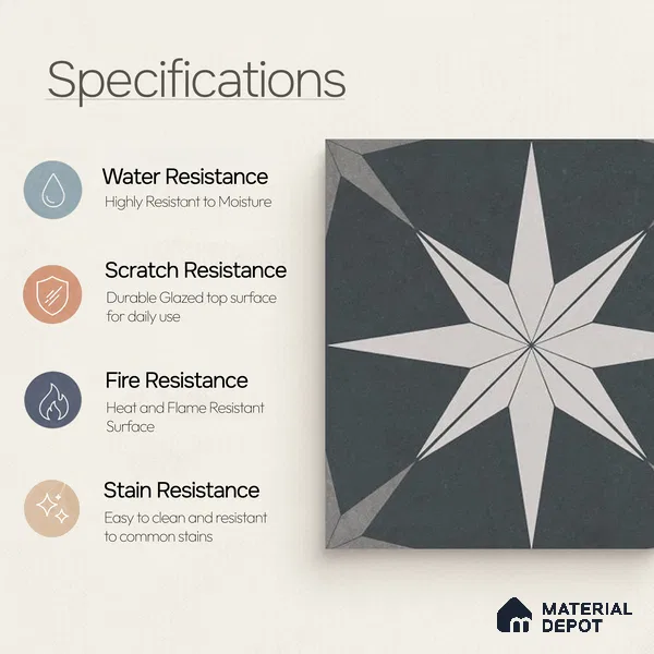Moroccan Wall & Floor Athangudi Tile TL 06675 B Riga 1 ft x 1 ft Grey Ceramic Glue Matte Finish Tile - 9 mm | Suitable for Bathroom, Kitchen, Balcony | Please Expect a Slight Variation of Pattern