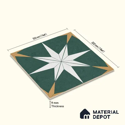 Moroccan Wall & Floor Athangudi Tile TL 06675 C Riga 1 ft x 1 ft Green Ceramic Glue Matte Finish Tile - 9 mm | Suitable for Bathroom, Kitchen, Balcony | Please Expect a Slight Variation of Pattern