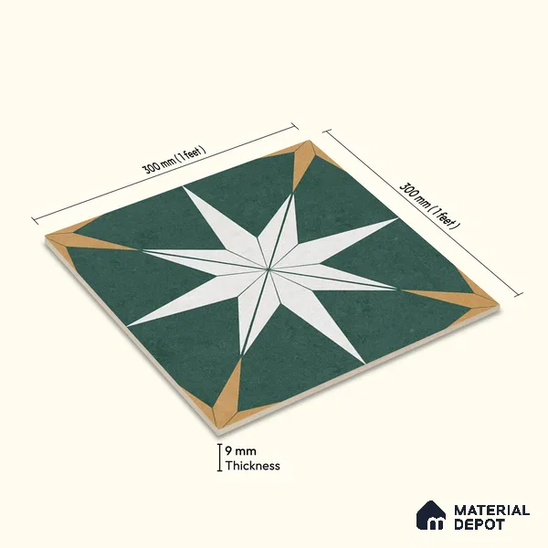 Moroccan Wall & Floor Athangudi Tile TL 06675 C Riga 1 ft x 1 ft Green Ceramic Glue Matte Finish Tile - 9 mm | Suitable for Bathroom, Kitchen, Balcony | Please Expect a Slight Variation of Pattern