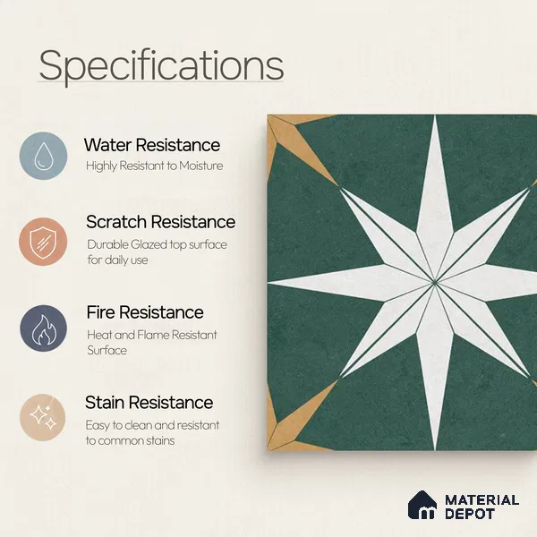 Moroccan Wall & Floor Athangudi Tile TL 06675 C Riga 1 ft x 1 ft Green Ceramic Glue Matte Finish Tile - 9 mm | Suitable for Bathroom, Kitchen, Balcony | Please Expect a Slight Variation of Pattern