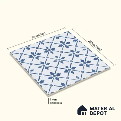 Moroccan Wall & Floor Tile TL 06678 Vasari 1 ft x 1 ft Blue Ceramic Glue Matte Finish Tile - 9 mm | Suitable for Bathroom, Kitchen, Balcony | Please Expect a Slight Variation of Pattern
