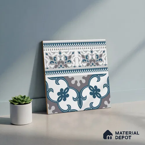 Moroccan Carpet Floor Tile TL 06682 B Barcelona Grenade 1 ft x 1 ft Blue Ceramic Glue Matte Finish Border Tile - 9 mm | Ideal for Living Room, Kitchen, Dining Area | Please Expect a Slight Variation of Pattern