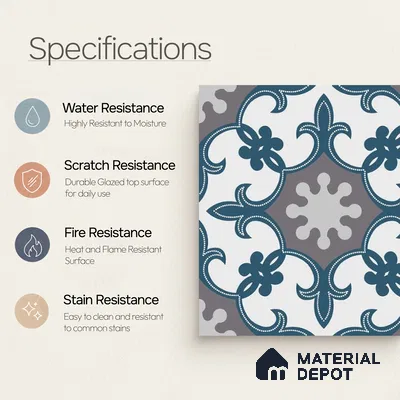 Moroccan Carpet Wall & Floor Tile TL 06682 C Barcelona Grenade 1 ft x 1 ft Blue Ceramic Glue Matte Finish Centre Tile - 9 mm | Ideal for Living Room, Kitchen, Bathroom | Please Expect a Slight Variation of Pattern