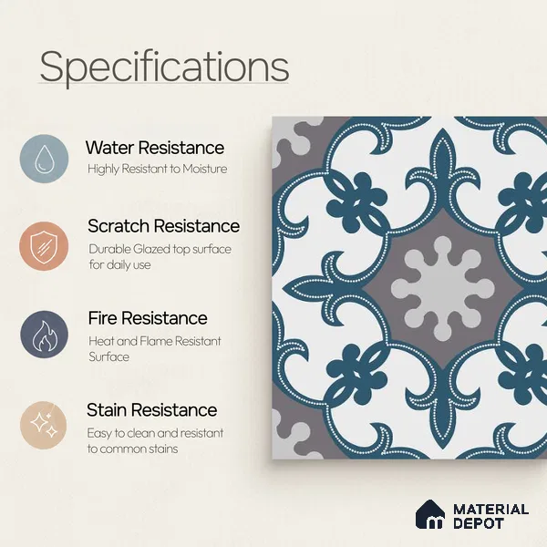 Moroccan Carpet Wall & Floor Tile TL 06682 C Barcelona Grenade 1 ft x 1 ft Blue Ceramic Glue Matte Finish Centre Tile - 9 mm | Ideal for Living Room, Kitchen, Bathroom | Please Expect a Slight Variation of Pattern