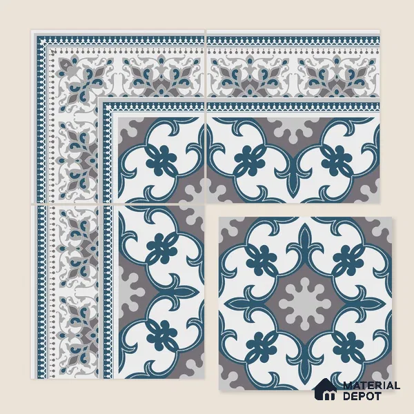 Moroccan Carpet Floor Tile TL 06682 Barcelona Grenade 1 ft x 1 ft Blue Ceramic Glue Matte Finish Corner Tile - 9 mm | Ideal for Living Room, Kitchen, Dining Area | Please Expect a Slight Variation of Pattern