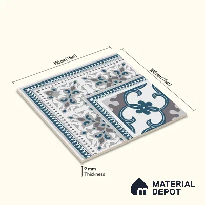 Moroccan Carpet Floor Tile TL 06682 Barcelona Grenade 1 ft x 1 ft Blue Ceramic Glue Matte Finish Corner Tile - 9 mm | Ideal for Living Room, Kitchen, Dining Area | Please Expect a Slight Variation of Pattern
