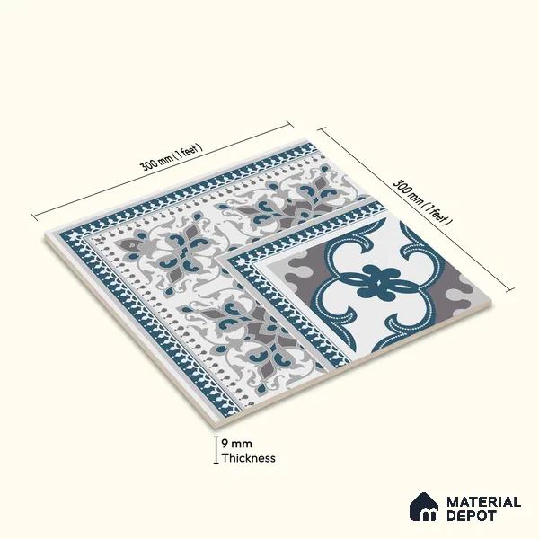 Moroccan Carpet Floor Tile TL 06682 Barcelona Grenade 1 ft x 1 ft Blue Ceramic Glue Matte Finish Corner Tile - 9 mm | Ideal for Living Room, Kitchen, Dining Area | Please Expect a Slight Variation of Pattern