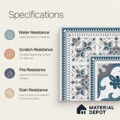 Moroccan Carpet Floor Tile TL 06682 Barcelona Grenade 1 ft x 1 ft Blue Ceramic Glue Matte Finish Corner Tile - 9 mm | Ideal for Living Room, Kitchen, Dining Area | Please Expect a Slight Variation of Pattern