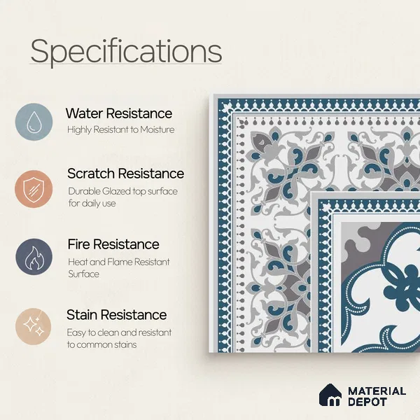 Moroccan Carpet Floor Tile TL 06682 Barcelona Grenade 1 ft x 1 ft Blue Ceramic Glue Matte Finish Corner Tile - 9 mm | Ideal for Living Room, Kitchen, Dining Area | Please Expect a Slight Variation of Pattern