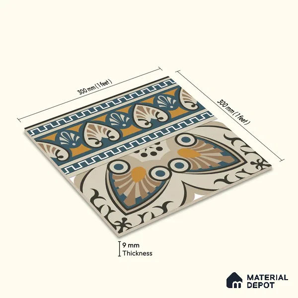 Moroccan Carpet Floor Tile TL 06683 B Barcelona Ivory 1 ft x 1 ft Brown Ceramic Glue Matte Finish Border Tile - 9 mm | Ideal for Living Room, Kitchen, Dining Area | Please Expect a Slight Variation of Pattern