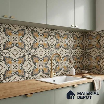 Moroccan Carpet Wall & Floor Tile TL 06683 C Barcelona Ivory 1 ft x 1 ft Brown Ceramic Glue Matte Finish Centre Tile - 9 mm | Ideal for Living Room, Kithen, Bathroom | Please Expect a Slight Variation of Pattern