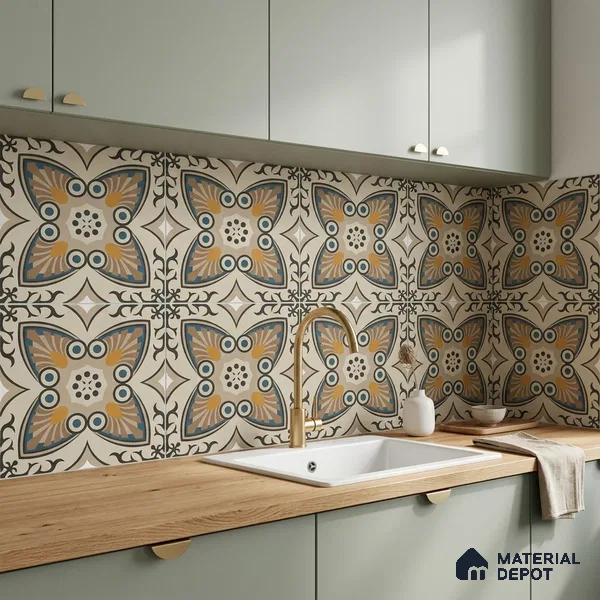 Moroccan Carpet Wall & Floor Tile TL 06683 C Barcelona Ivory 1 ft x 1 ft Brown Ceramic Glue Matte Finish Centre Tile - 9 mm | Ideal for Living Room, Kithen, Bathroom | Please Expect a Slight Variation of Pattern