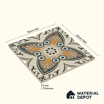 Moroccan Carpet Wall & Floor Tile TL 06683 C Barcelona Ivory 1 ft x 1 ft Brown Ceramic Glue Matte Finish Centre Tile - 9 mm | Ideal for Living Room, Kithen, Bathroom | Please Expect a Slight Variation of Pattern