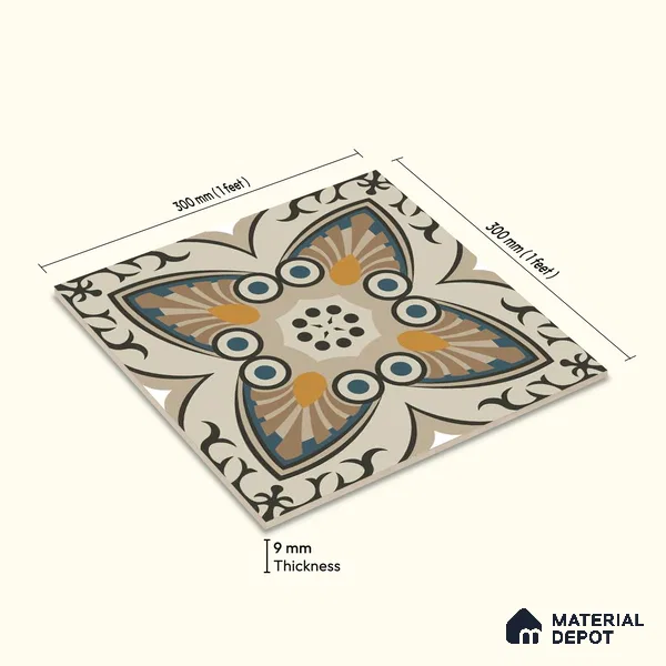 Moroccan Carpet Wall & Floor Tile TL 06683 C Barcelona Ivory 1 ft x 1 ft Brown Ceramic Glue Matte Finish Centre Tile - 9 mm | Ideal for Living Room, Kithen, Bathroom | Please Expect a Slight Variation of Pattern
