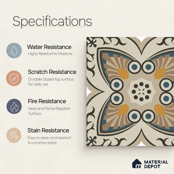 Moroccan Carpet Wall & Floor Tile TL 06683 C Barcelona Ivory 1 ft x 1 ft Brown Ceramic Glue Matte Finish Centre Tile - 9 mm | Ideal for Living Room, Kithen, Bathroom | Please Expect a Slight Variation of Pattern