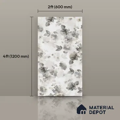 Grey Floral Wall Tile TL 06691 Gravier Sterling Charm 4 ft x 2 ft Vitrified Glossy Finish - 9 mm | Suitable for Bathroom, Accent/Feature Wall, Dining Area