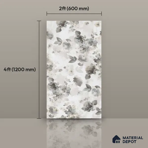 Grey Floral Wall Tile TL 06691 Gravier Sterling Charm 4 ft x 2 ft Vitrified Glossy Finish - 9 mm | Suitable for Bathroom, Accent/Feature Wall, Dining Area