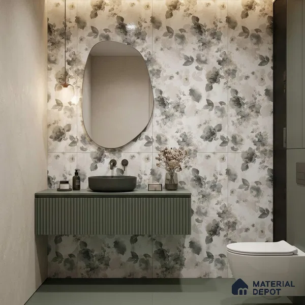 Grey Floral Wall Tile TL 06691 Gravier Sterling Charm 4 ft x 2 ft Vitrified Glossy Finish - 9 mm | Suitable for Bathroom, Accent/Feature Wall, Dining Area