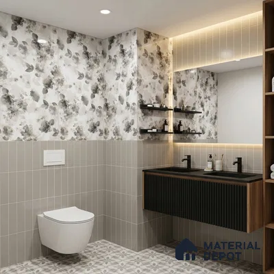Grey Floral Wall Tile TL 06691 Gravier Sterling Charm 4 ft x 2 ft Vitrified Glossy Finish - 9 mm | Suitable for Bathroom, Accent/Feature Wall, Dining Area
