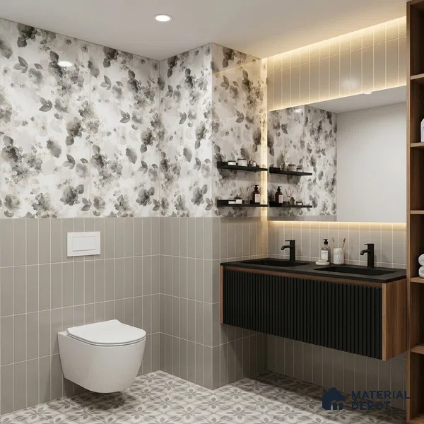 Grey Floral Wall Tile TL 06691 Gravier Sterling Charm 4 ft x 2 ft Vitrified Glossy Finish - 9 mm | Suitable for Bathroom, Accent/Feature Wall, Dining Area