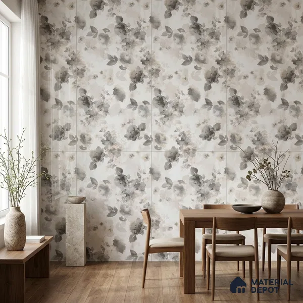 Grey Floral Wall Tile TL 06691 Gravier Sterling Charm 4 ft x 2 ft Vitrified Glossy Finish - 9 mm | Suitable for Bathroom, Accent/Feature Wall, Dining Area