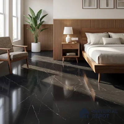 Black Marble Floor & Wall Tile TL 06695 Gravier Midnight Splendor 2 ft x 4 ft Vitrified High Gloss Finish - 9 mm | 8 Random Design | Suitable for Living Room, Bedroom, Bathroom