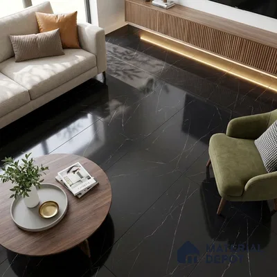 Marble Nero Marquina Wall & Floor Tile TL 06695 Charcoal Black 4 ft x 2 ft High Gloss Finish Vitrified Tile - 9 mm | 8 Random Designs | Suitable For Living Room, Bedroom, Dining