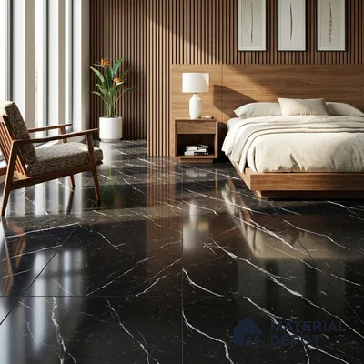 Black Marble Floor & Wall Tile TL 06711 Gravier Silver Drift 2 ft x 4 ft Vitrified High Gloss Finish - 9 mm | 4 Random Design | Suitable for Living Room, Bedroom, Bathroom