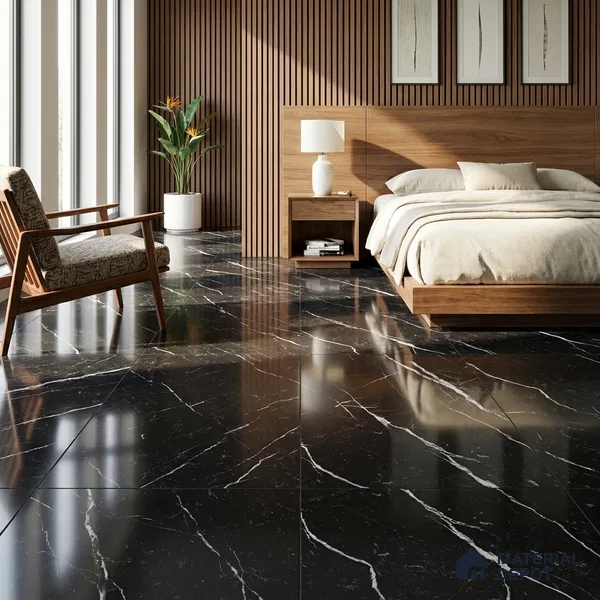 Black Marble Floor & Wall Tile TL 06711 Gravier Silver Drift 2 ft x 4 ft Vitrified High Gloss Finish - 9 mm | 4 Random Design | Suitable for Living Room, Bedroom, Bathroom